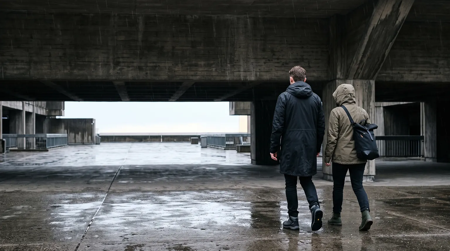 Two people walk across a wet concrete plaza under a heavy concrete overhang in the rain, one in a long black coat, one in an olive shell with a black tote.