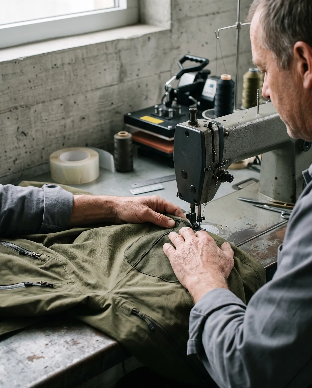A technician's hands sew a patch onto the seam of an olive shell jacket at a flatbed sewing machine.